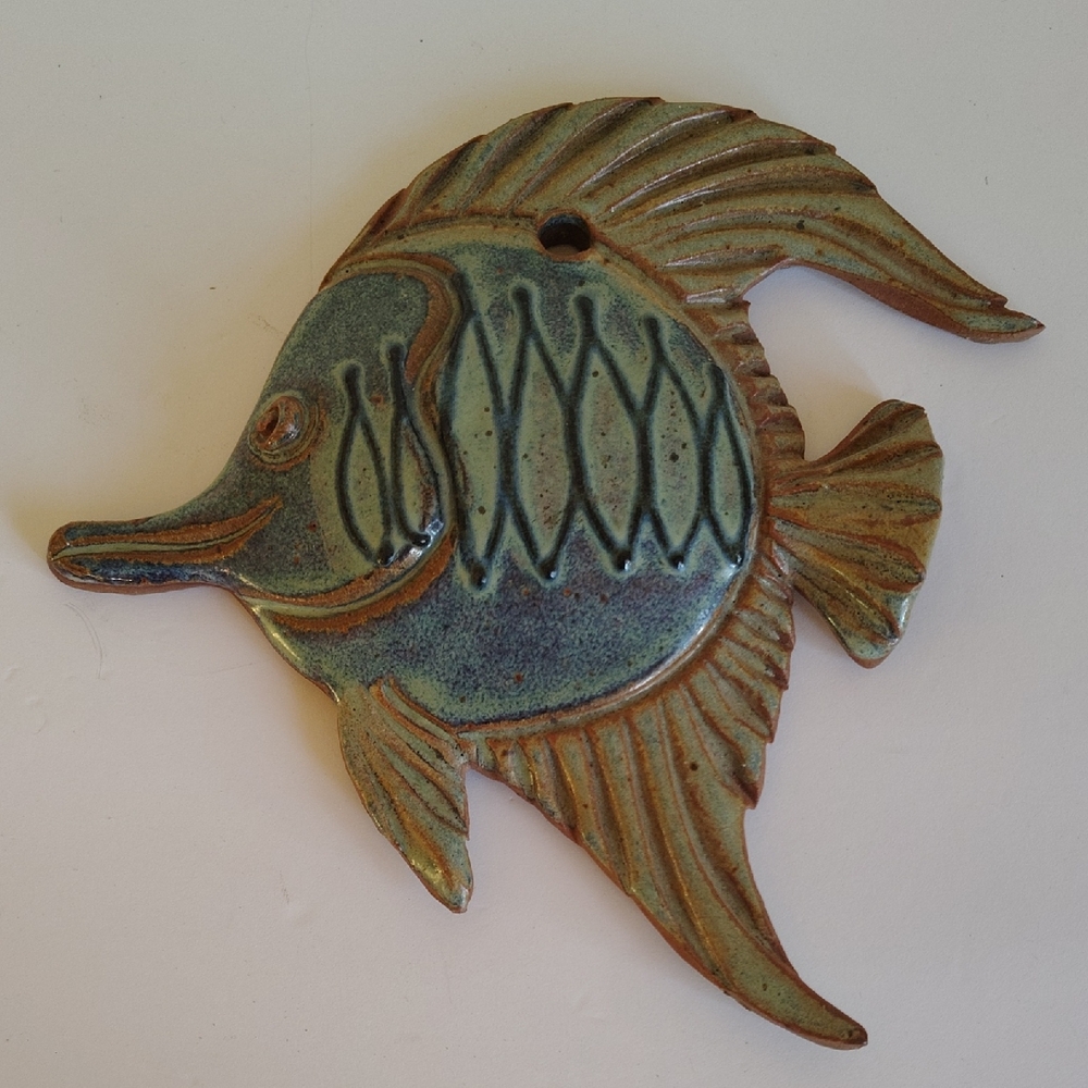 Handcrafted Green Ceramic Fish Wall Accent - Decorative Fish Plaque 8x8